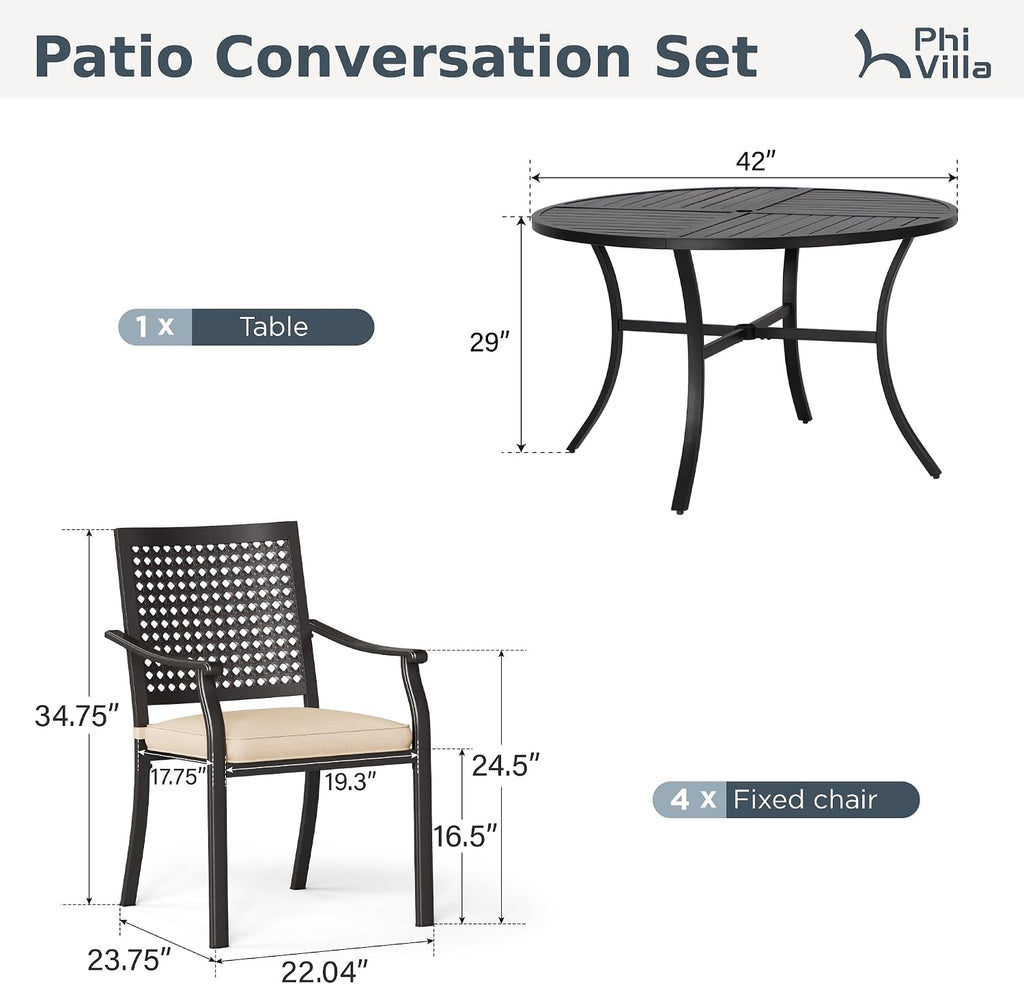 PHI VILLA Outdoor Dining Set for 4, 42" Round Metal Table w/Umbrella Hole