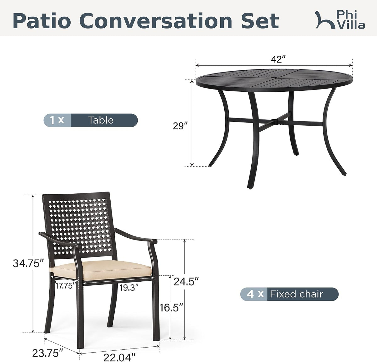 PHI VILLA Outdoor Dining Set for 4, 42" Round Metal Table w/Umbrella Hole