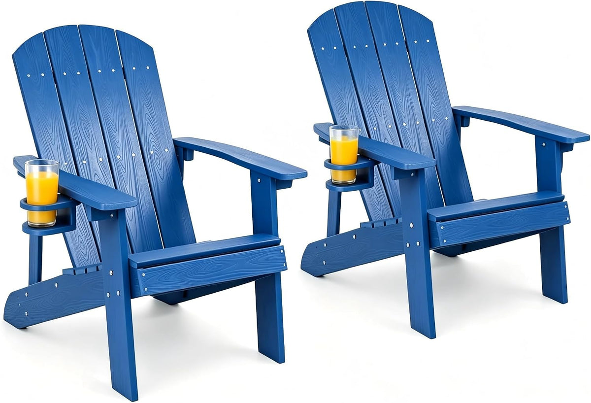 Adirondack Chairs Set of 2, Outdoor Adirondack Chair with Cup Holder, HDPE Patio Chairs, Waterproof, Fade-Proof Fire Pit Chairs for Yard & Garden, Blue