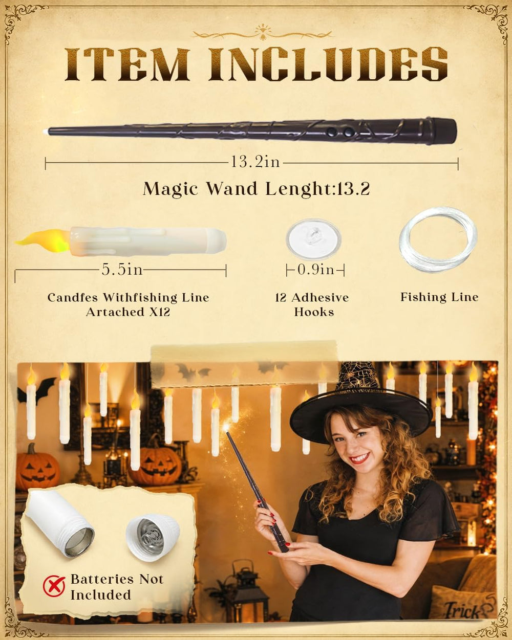 Flameless Floating Candles with Wand，20 Pcs Magic LED Hanging Taper Candles，F...