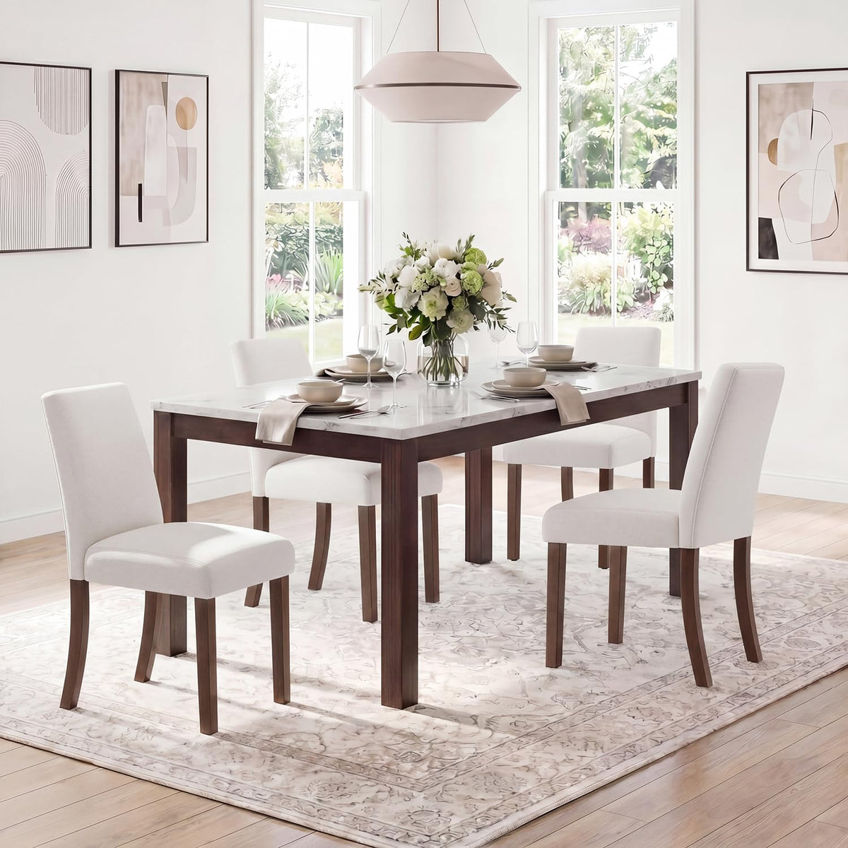 MALOL Modern Dining Chairs Set of 4, Upholstered Kitchen Chairs with High Back, Padded Fabric Dining Room Chair with Solid Wood Legs for Restaurant/Cafe/Home, Light Beige