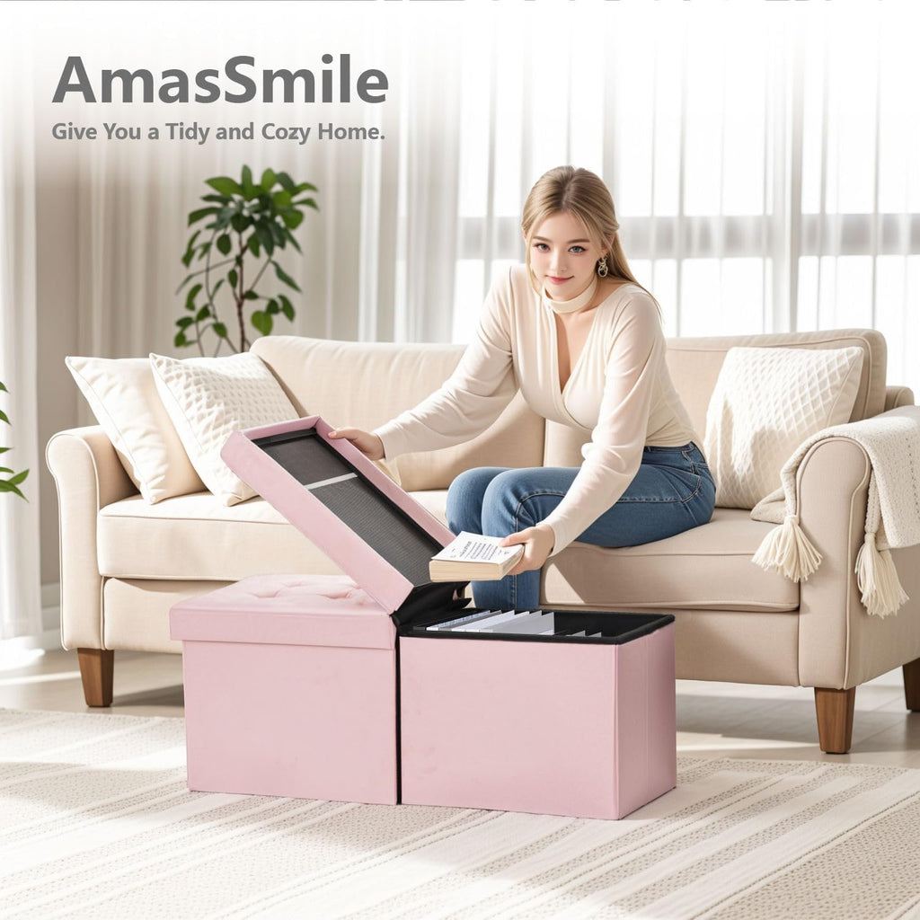 AmasSmile Footrest Ottoman Storage Bench,34" Velvet Folding Chest,Pink