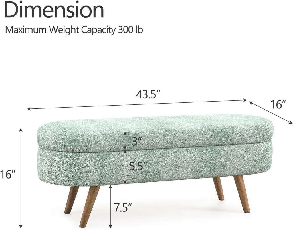 43.5" Fabric Storage Ottoman Bench for Bedroom,Upholstered Boucle Ottoman with Safety Hinge,End of Bed Bench with Rubber Wood Legs for Living Room Entryway,Cyan