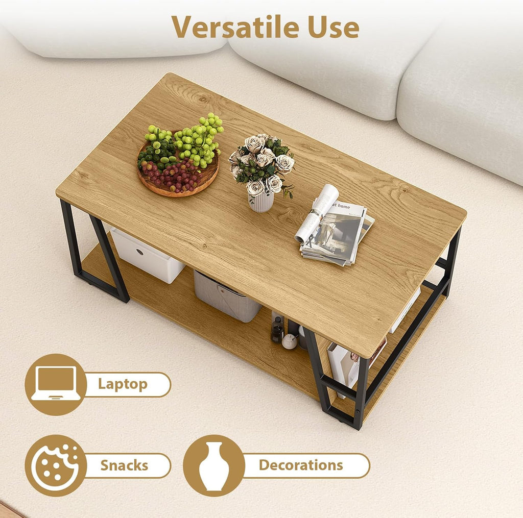 GIANTEX Modern Coffee Table with Storage, 2-Tier Wood Center Table, Oak