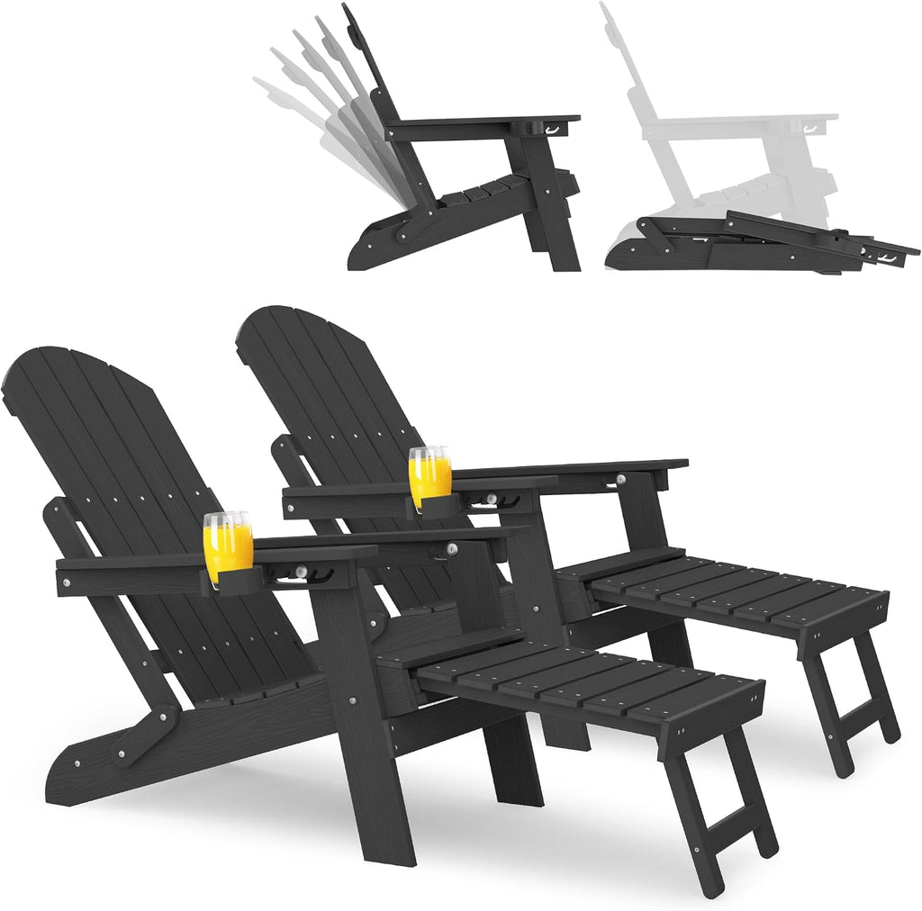 YEFU Adjustable Adirondack Chair with Footrest,All-Weather, Set of 2,Black