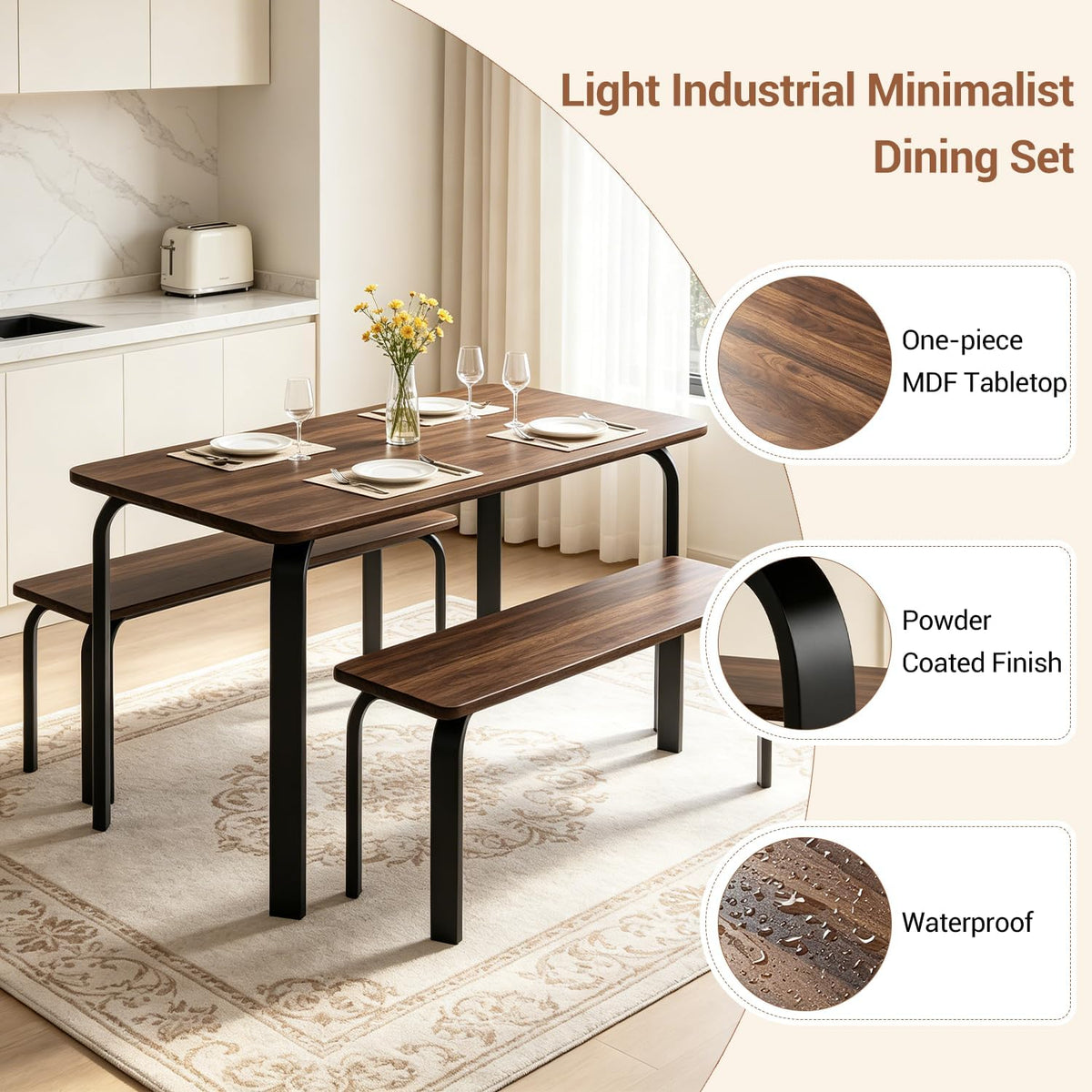 47" Dining Table Set for 4, Small Rectangle Kitchen Table Set with 2 Bench