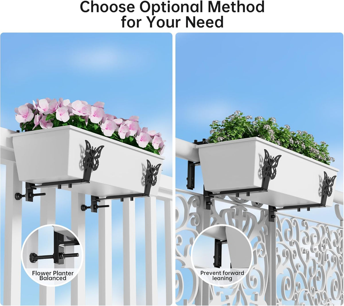 HFHOME Window Box Brackets, Adjustable Planter Box Brackets, Heavy Duty Flower Railing Planter Bracket for Balcony, with Enhanced Bottom Support, Perfect for Deck, Fence and Garden - Black (6 Pack)