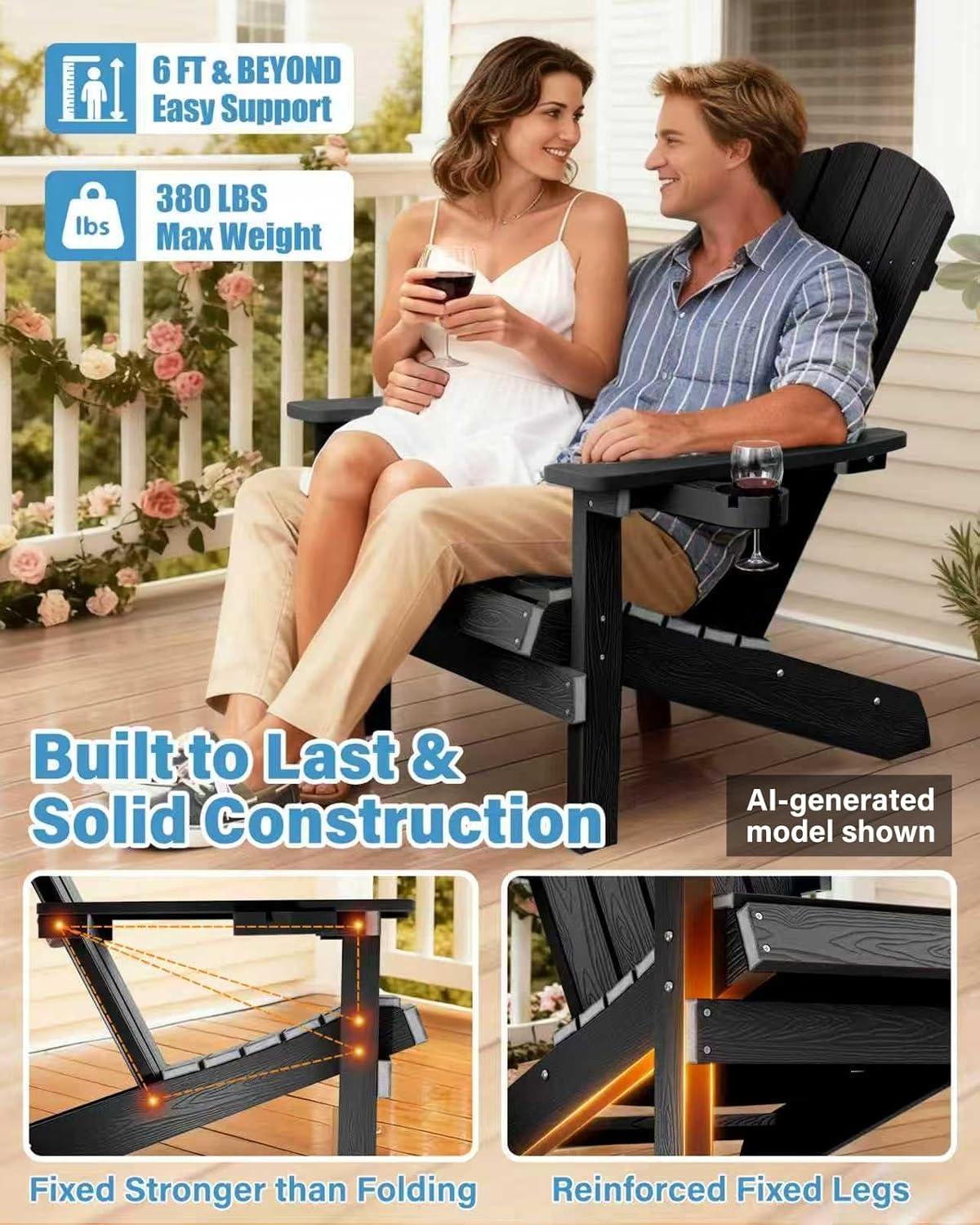 YEFU Adirondack Chairs Set of 6 with Cup Holder, Weather Resistant, Black