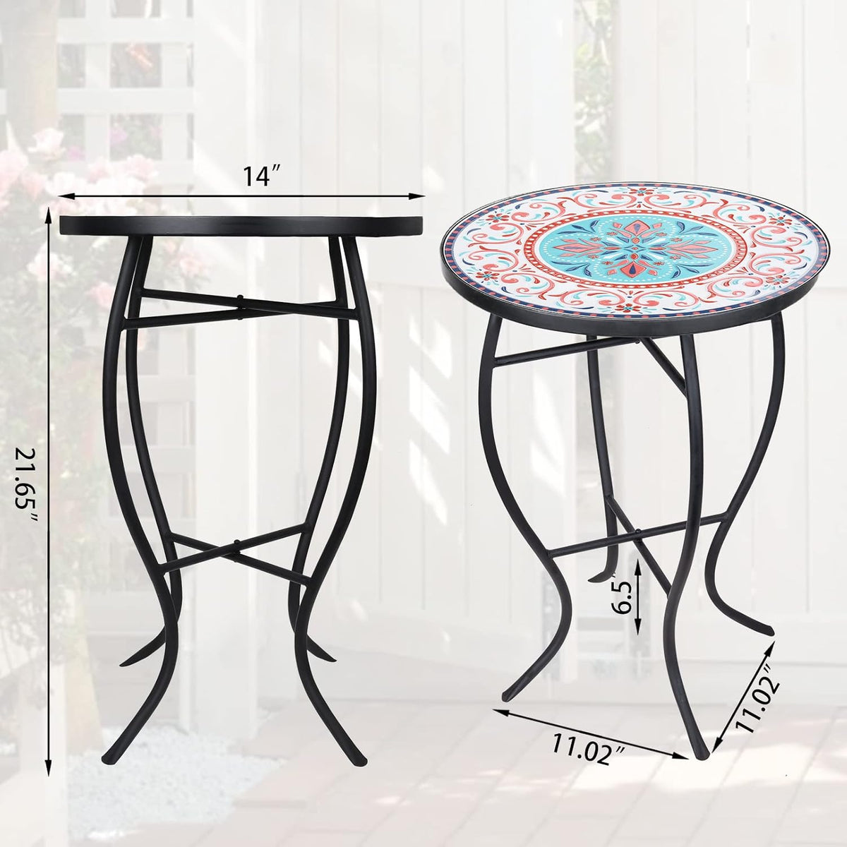 VCUTEKA Mosaic Outdoor Side Table, 14" Round Small Patio Accent Table