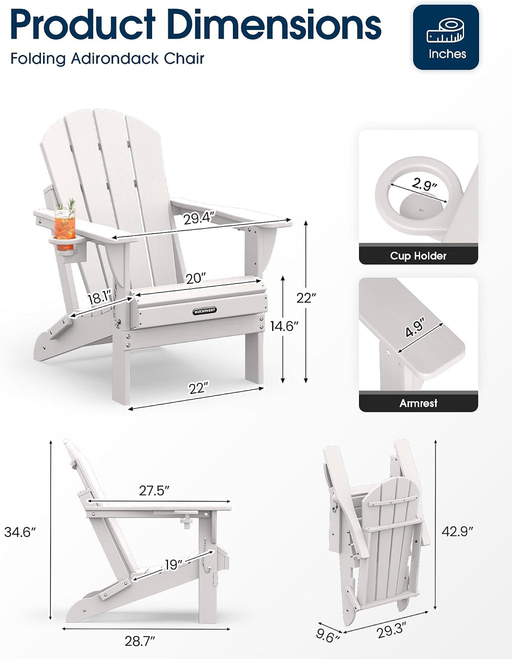 MUCHENGHY Folding Adirondack Chairs Set 2, HDPE for Fire Pit, White (Set of 2)