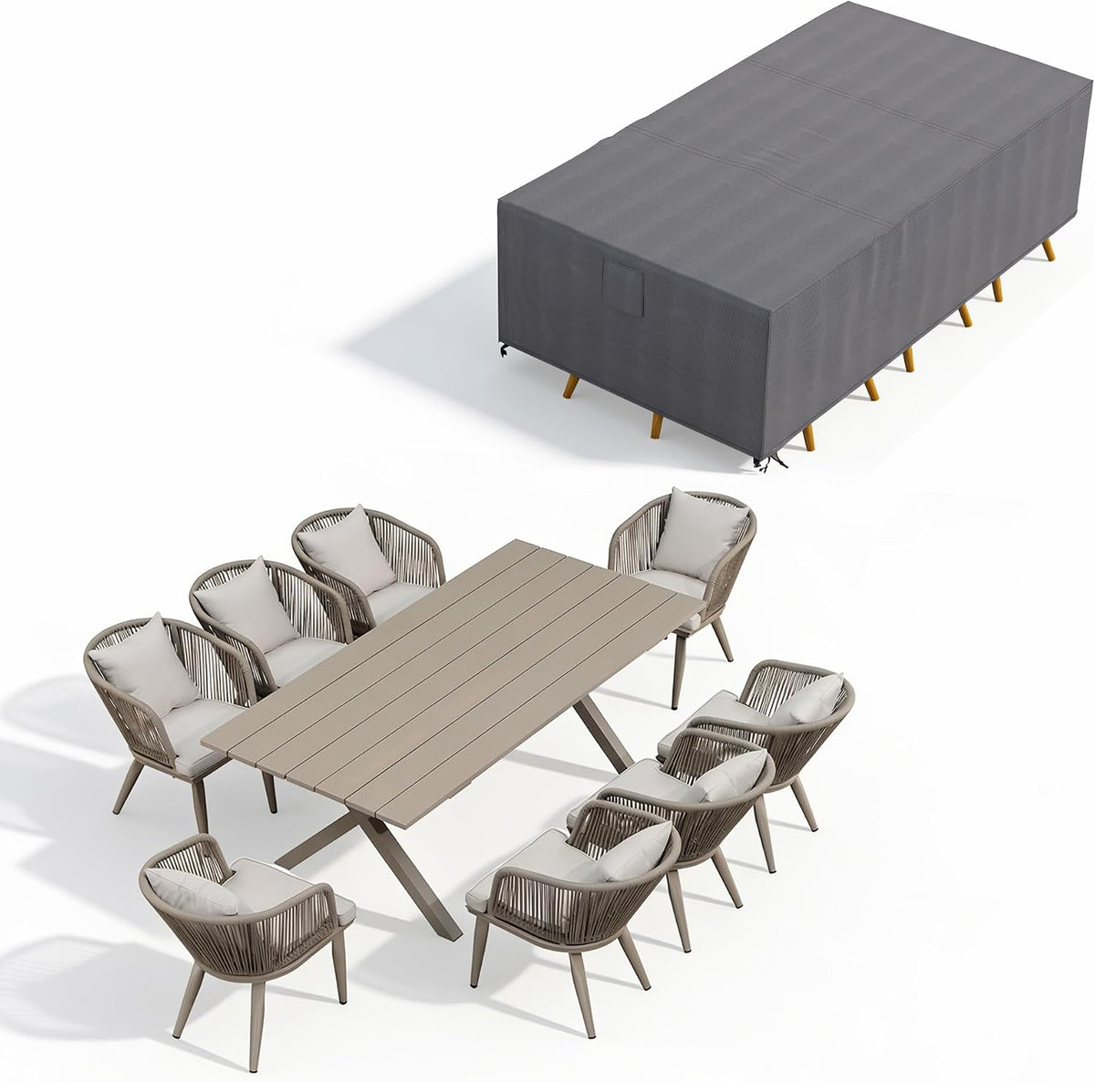 PURPLE LEAF 9 Pieces Dining Set with Cover, Table and Chairs, Champagne