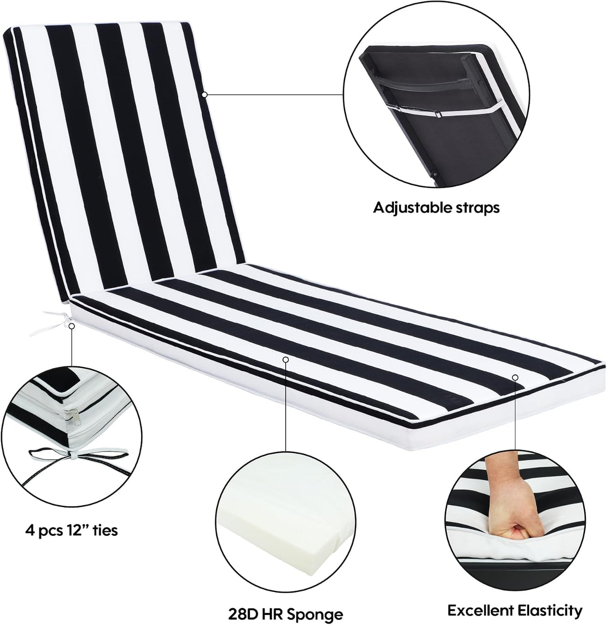 Outdoor Chaise Lounge Cushions 2 Pack, Weather-Resistant Patio Pool Lounge Cushions, (Black & White)