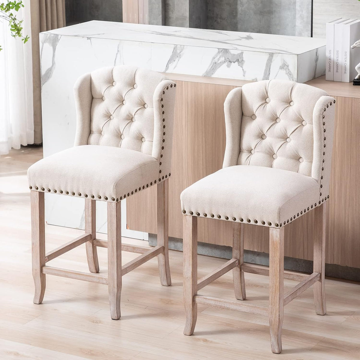 DUOMAY Tufted 26" Counter Stools Set of 4, Linen Beige