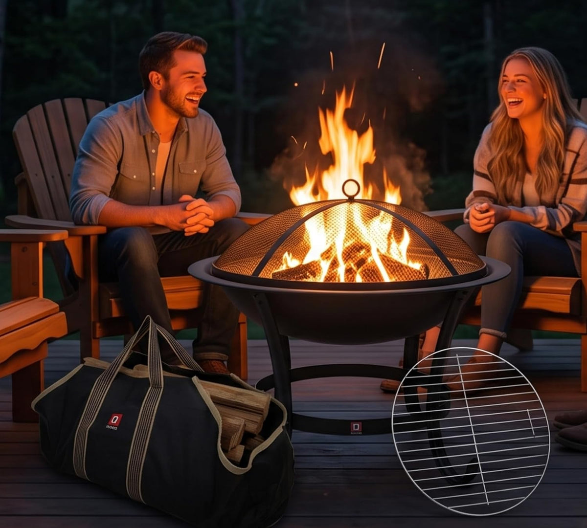 Fire Beauty 22" Fire Pit with 2-in-1 BBQ Grill, Spark Screen & Tote Bag