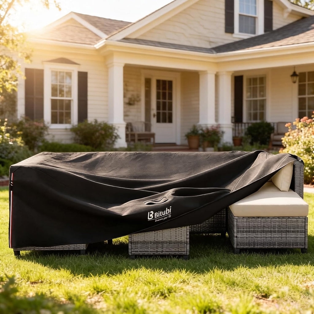 Bitubi Rectangular Patio Table Cover - Heavy Duty 600D Tough Canvas Waterproof Outdoor Dining Table and Chairs Universal Furniture Cover Size 126L x 74W x 28H inch, Black