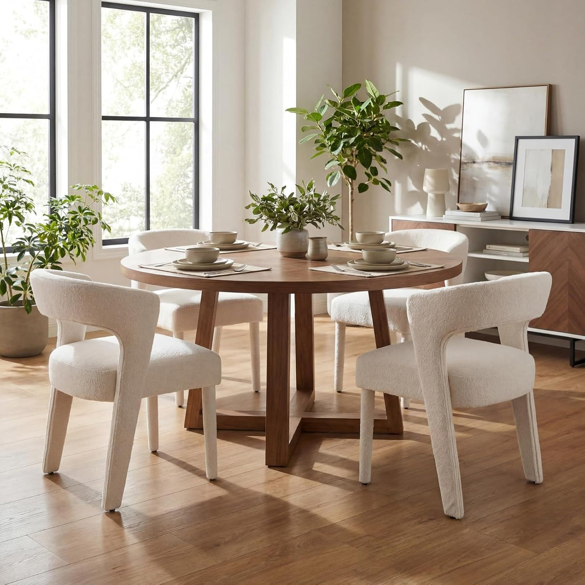 HNY Mid-Century Upholstered Dining Chairs Set of 4, Modern Chenille Barrel Dining Room Chairs Curved Open Back Accent Side Chairs with Solid Wood Legs for Kitchen Living Room, White