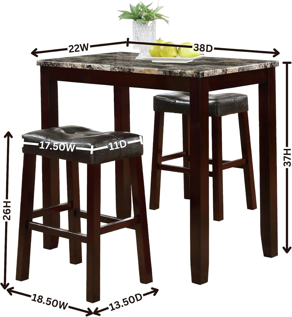 roundhill furniture 3-piece counter height glossy print marble, close-up detail