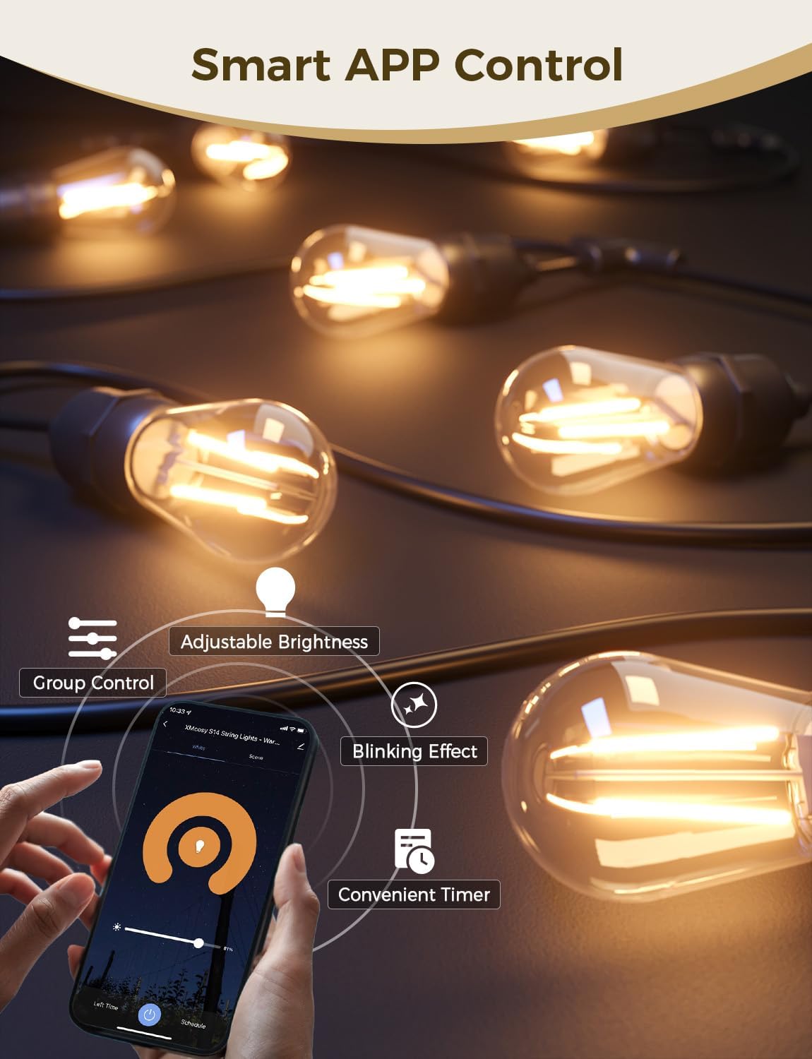 XMCOSY+ Outdoor String Lights,72.5FT Smart Dimmable Edison Bulb Patio Light