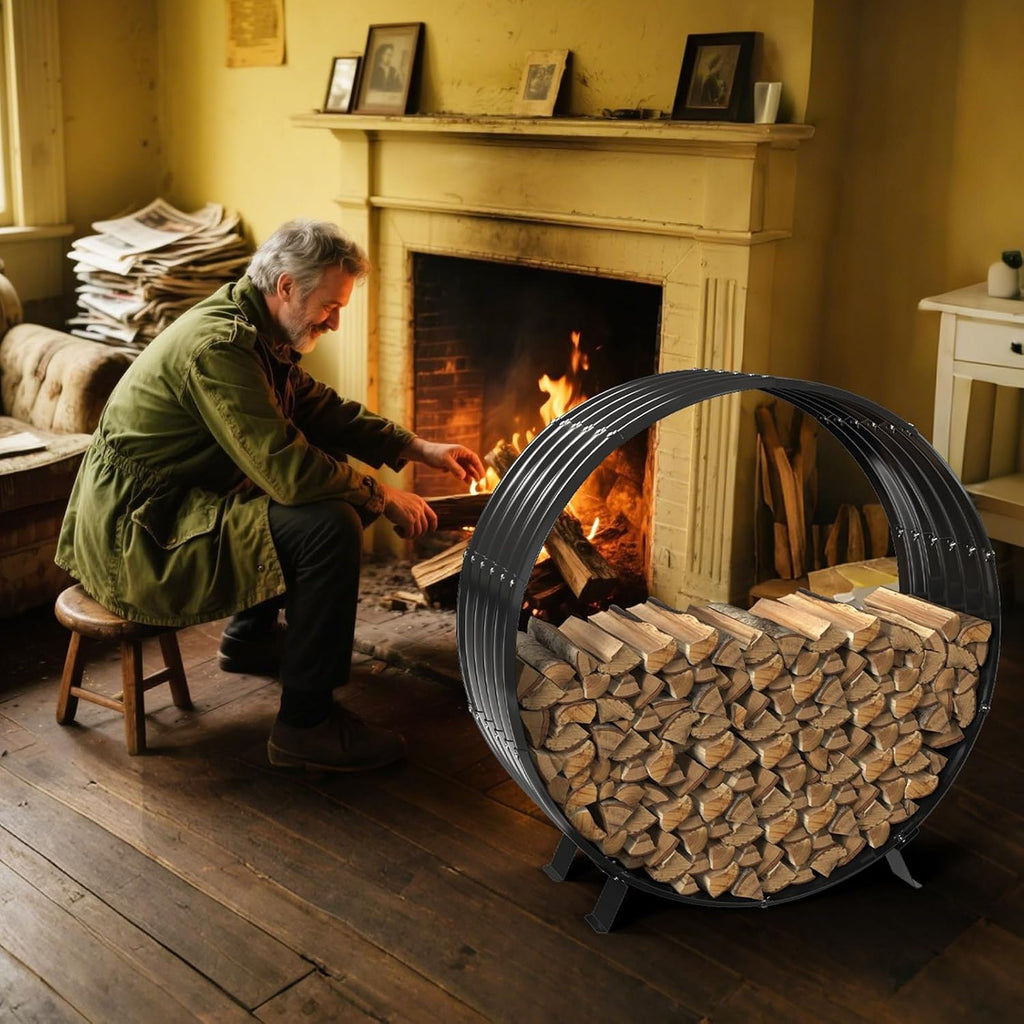 40" Round Metal Firewood Rack Circle with 4X Metal Support Outdoor / Indoor