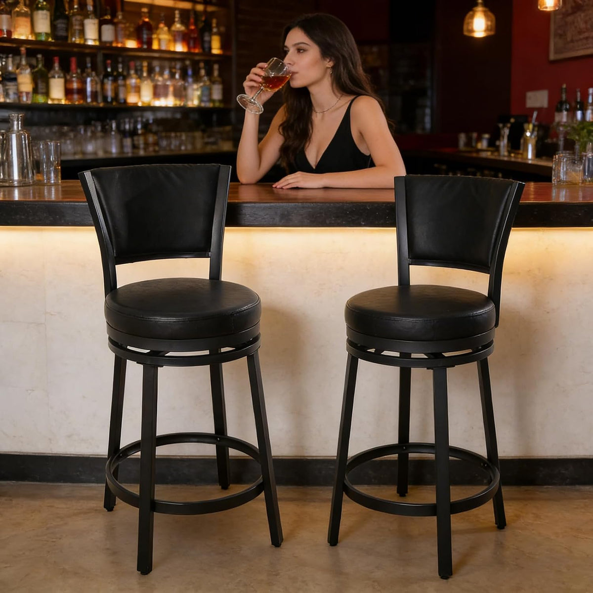 Swivel Bar Stools Set of 2, 25 inch Counter Height Barstools, Modern Metal Swivel Bar Chairs with Backrest, Faux Leather Upholstered Counter Height Chairs for Kitchen Island, Black