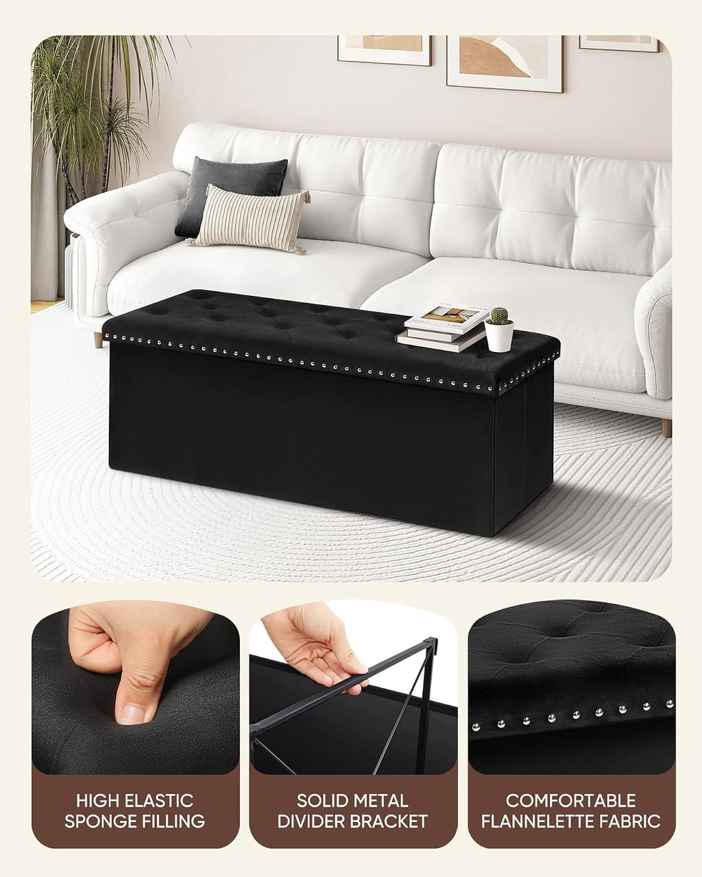 B FSOBEIIALEO Storage Ottoman Bench, 43" Velvet Ottoman with Storage, Black