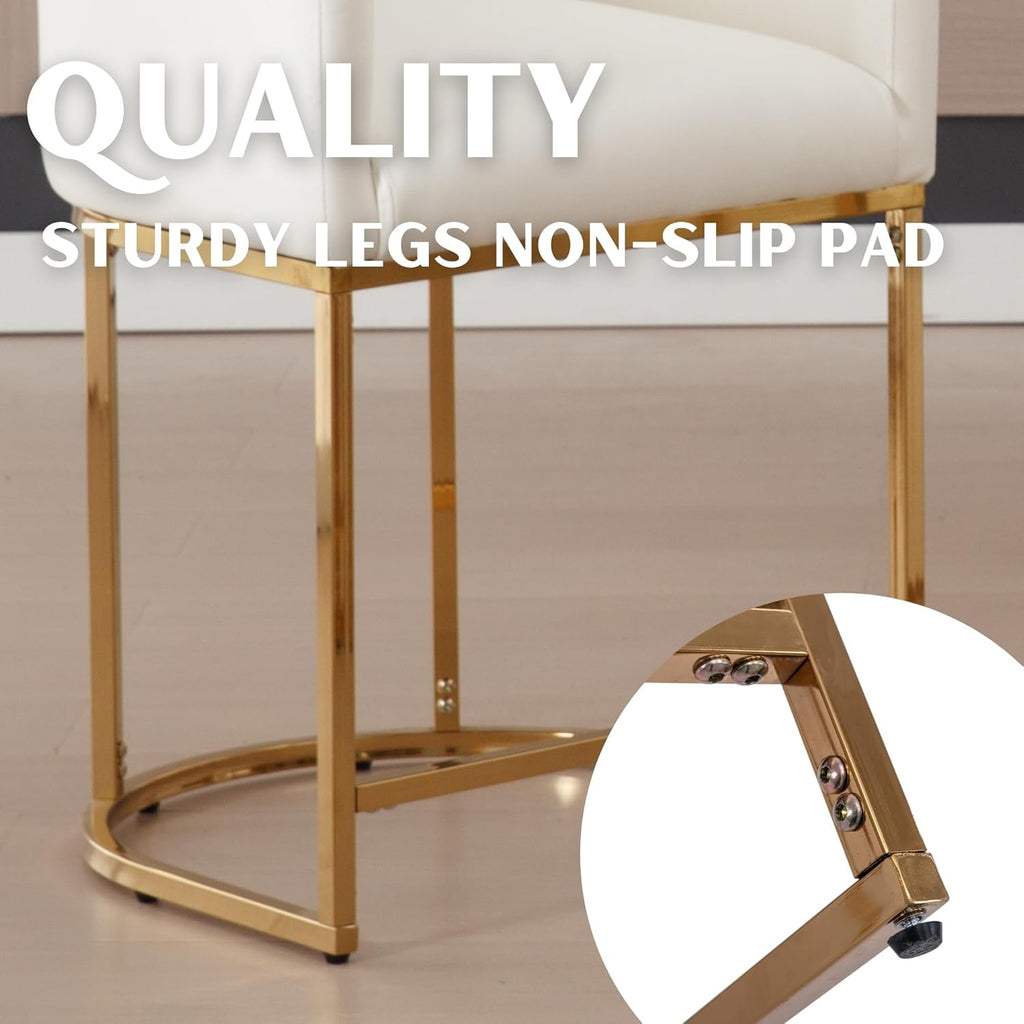 RIVOVA PU Leather Bar Stools Set of 4, Modern Upholstered Counter Height Bar stools 24" Leather Barstools Barrel Kitchen Counter Island Stools with Golden Metal Base, White
