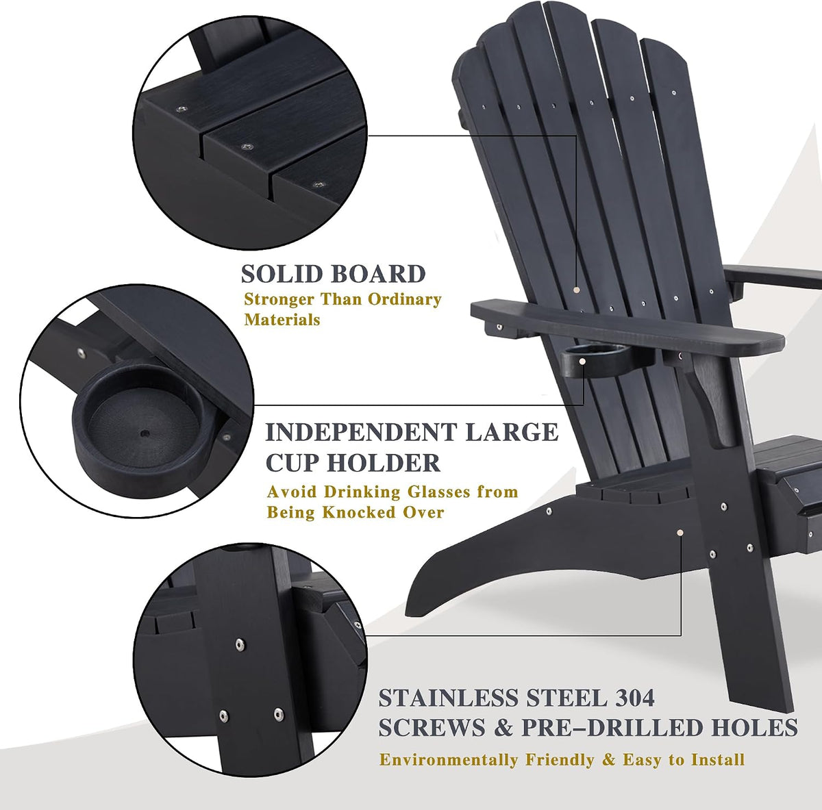 Psilvam Oversized Adirondack Chairs with Cup Holder, Black