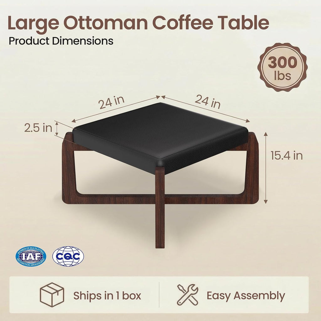 Faux Leather Square Coffee Table Ottoman,24" Coffee Table for Living Room Ottoman,Ash Wood Living Room Table (Black)