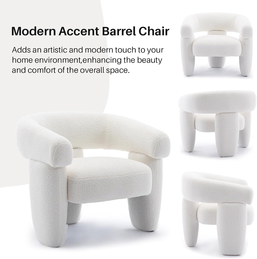Boucle Barrel Accent Chair Modern Teddy Round Armchair, Cream White