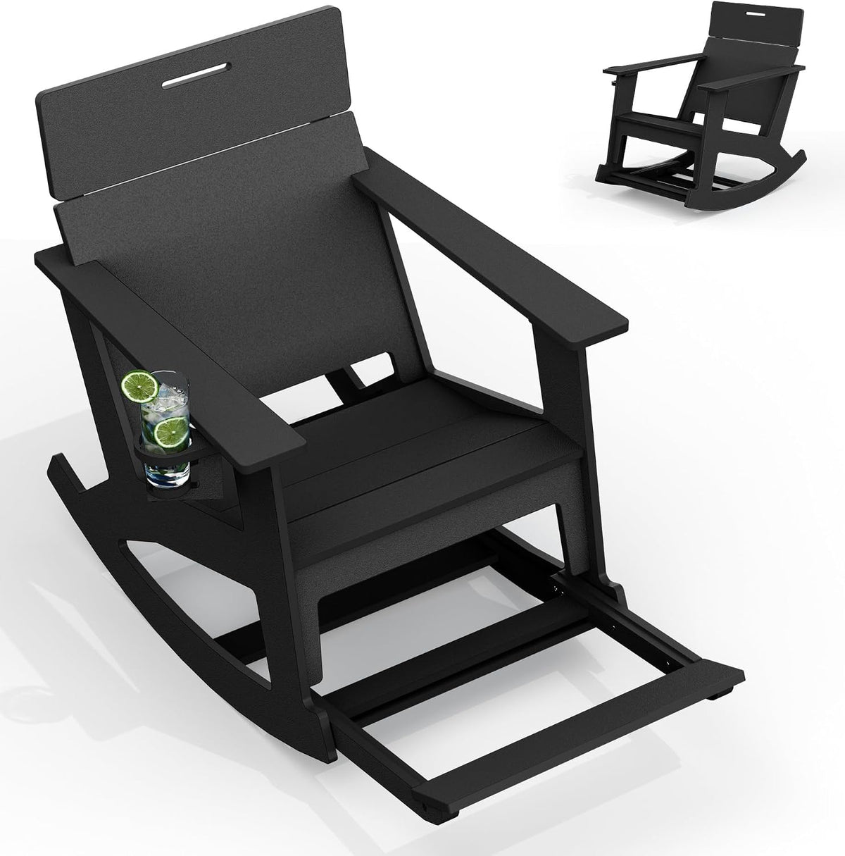 Ciokea Outdoor Rocking Chair with Pull-Out Footrest, Solid Backrest, Black