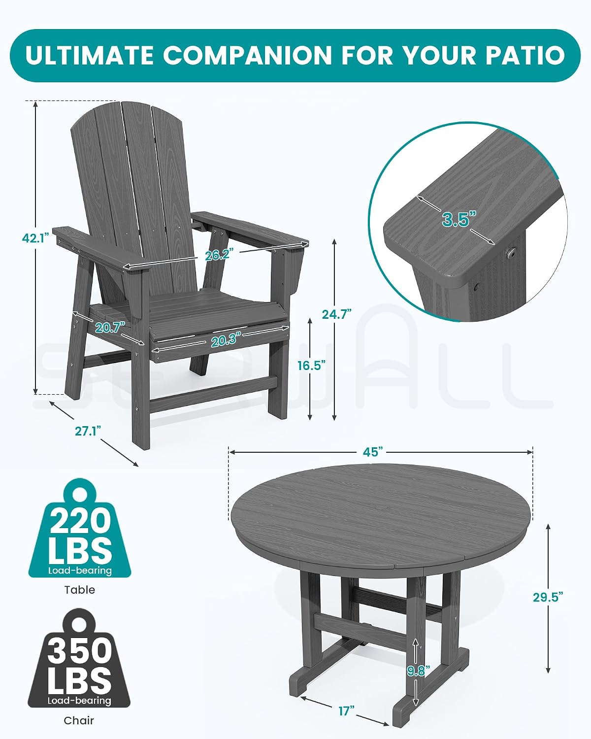 SERWALL Outdoor Adirondack Dining Chair Set of 2, All Weather HDPE, Grey