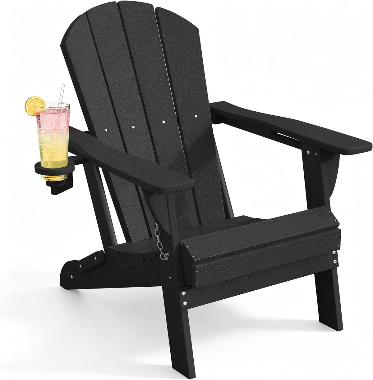 AreShark HDPE Folding Adirondack Chair with Cup Holder, Black