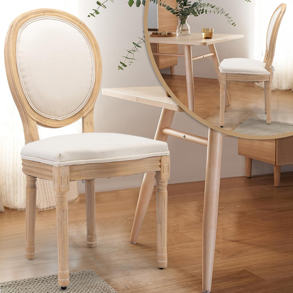 French Country Dining Chairs, Beige Linen, Set of 4