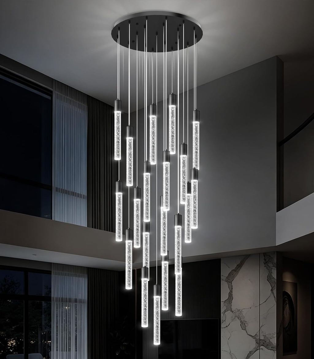 High Ceiling Crystal Staircase Chandelier: 20 Lights Black Foyer Lighting