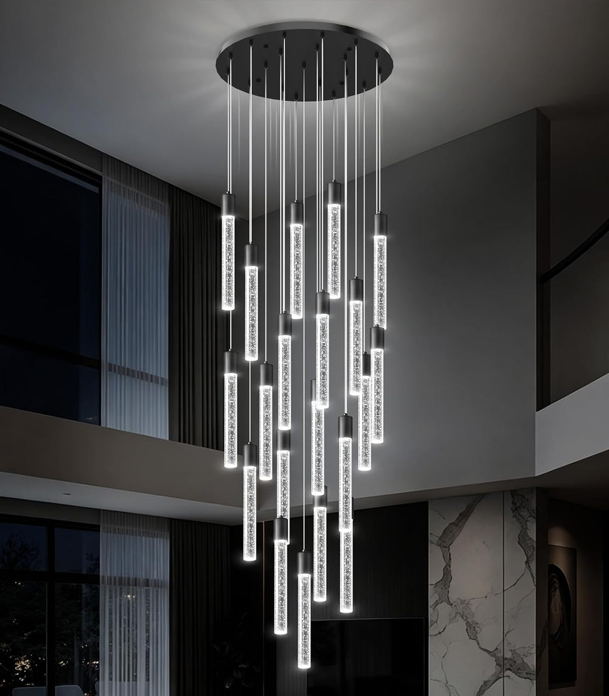 High Ceiling Crystal Staircase Chandelier: 20 Lights Black Foyer Lighting
