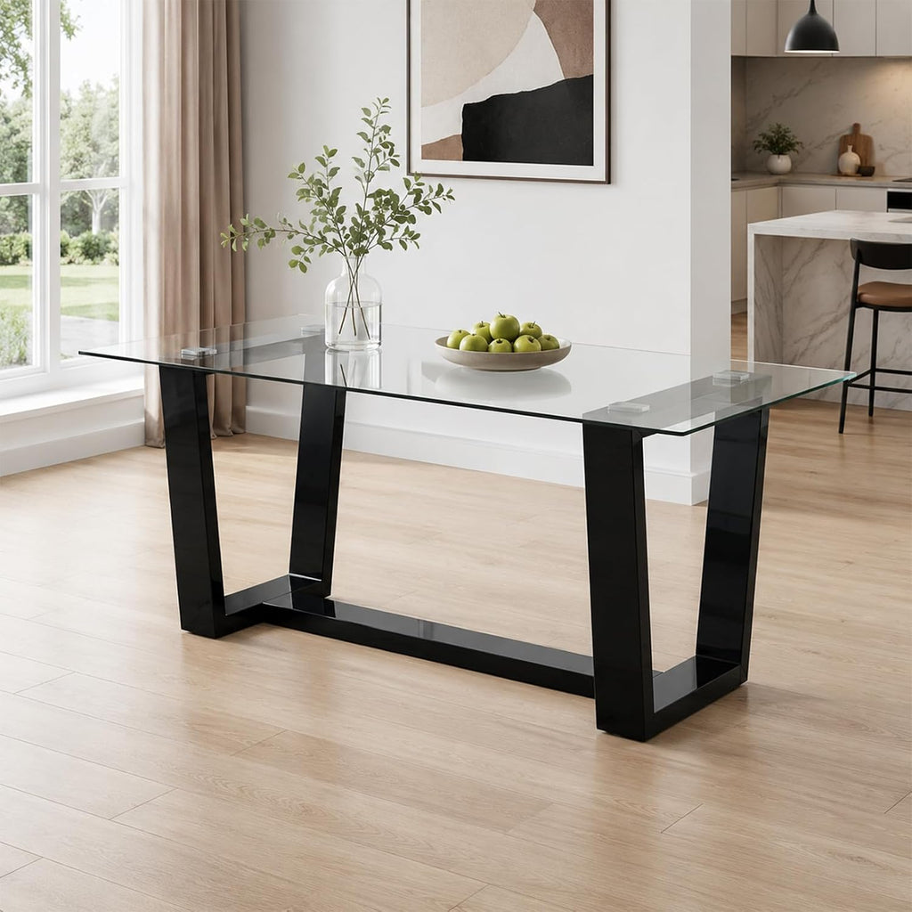 Ebullient Glass Dining Table, Modern Dining Table, 63" Tempered Glass Tabletop with Black MDF Trapezoid Legs, Rectangle Kitchen Table for 4-6 Person, Ideal for Kitchen, Dining Room, Home, Apartment