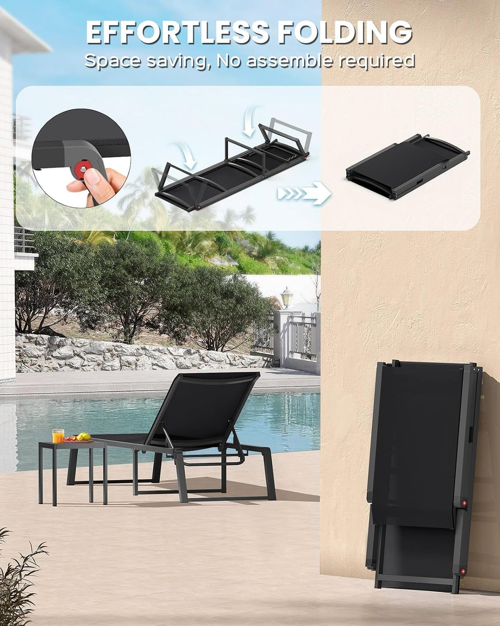 Aluminum Chaise Lounge Chair Outdoor, Foldable& No Assembly Patio Pool Lounge Chairs 5-Position Recliner for Outside, Fully Grounded Legs Sun Lounger for Poolside, Black
