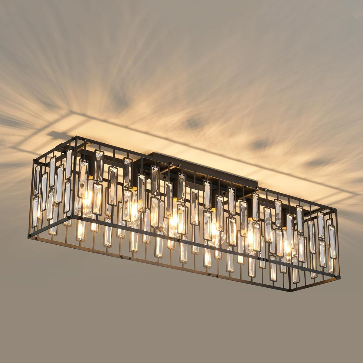 Garwarm 38.7 Inch Crystal Chandelier, 6-Light Black Rectangle Ceiling Light