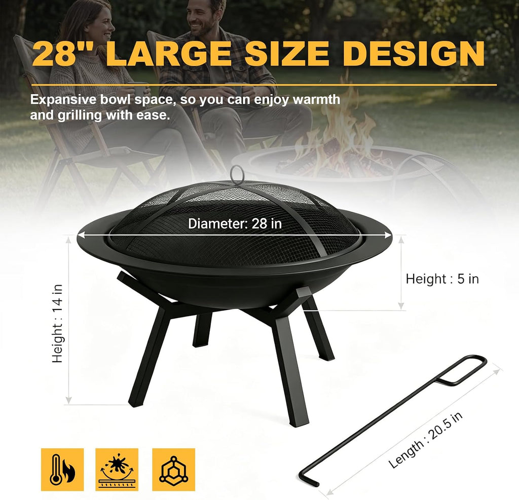 Outdoor Wood Burning Fire Pit, Heavy Duty Round Steel Fire Bowl for Backyard, Patio, Camping, Bonfire, Black Finish, with Mesh Spark Screen and Hook