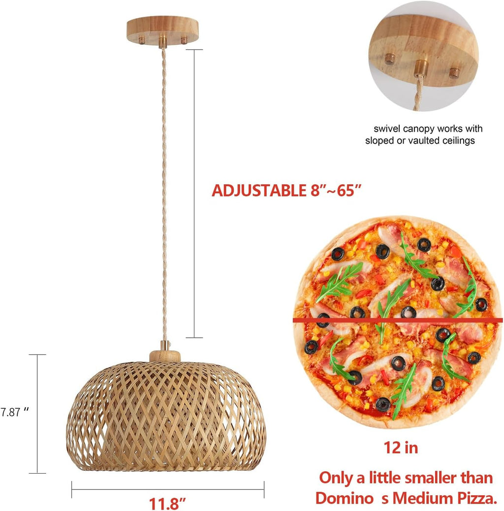 Bamboo Pendant Light Fixture One-Light Adjustable Boho Basket Handmade Woven Pendant Lighting for Kitchen Island Sink Farmhouse Dining Room