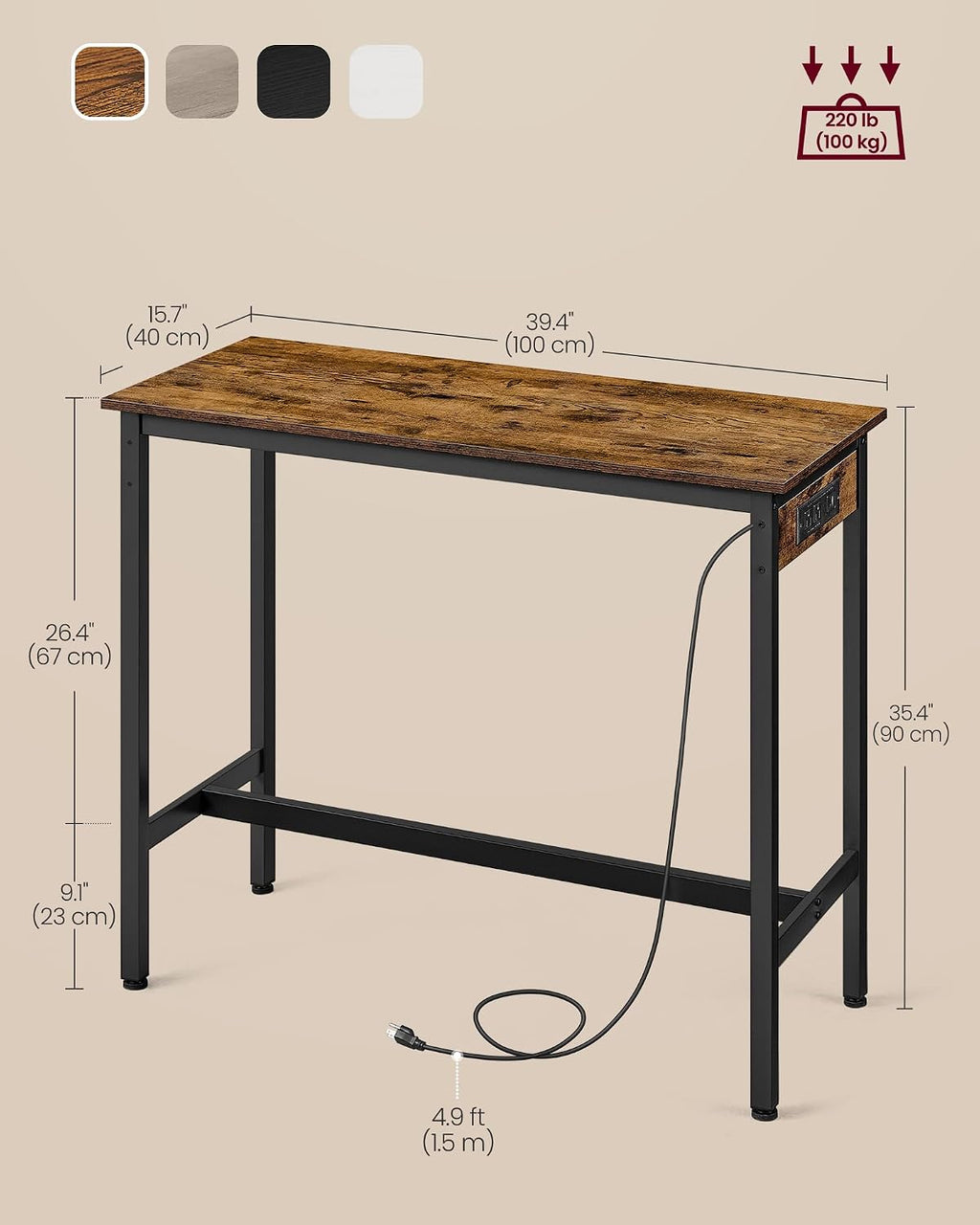 VASAGLE Bar Table with Power Outlets, Computer Desk, 39.4" W