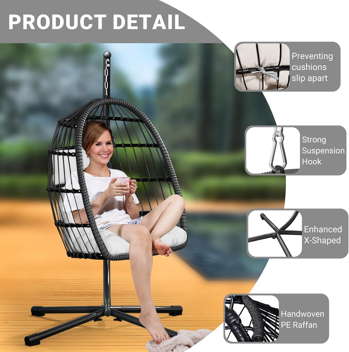 chabatree egg chair with stand,patio rattan wicker hanging showing dimensions