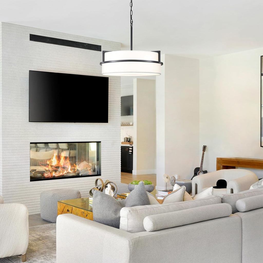 19.7" Black Drum Chandelier, Drum Pendant Light with White Linen Shade