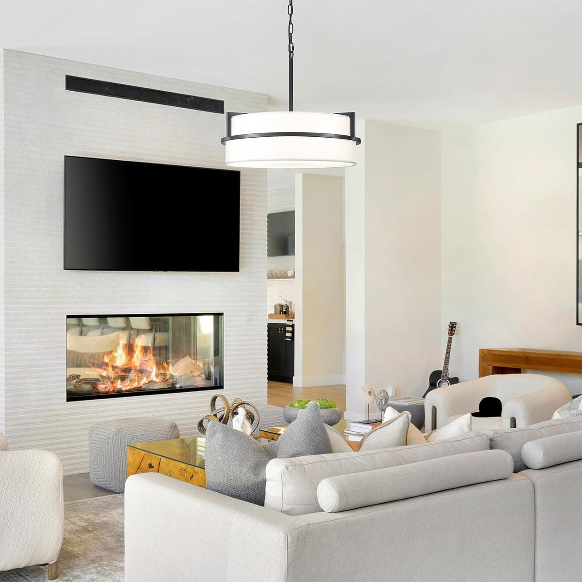19.7" Black Drum Chandelier, Drum Pendant Light with White Linen Shade