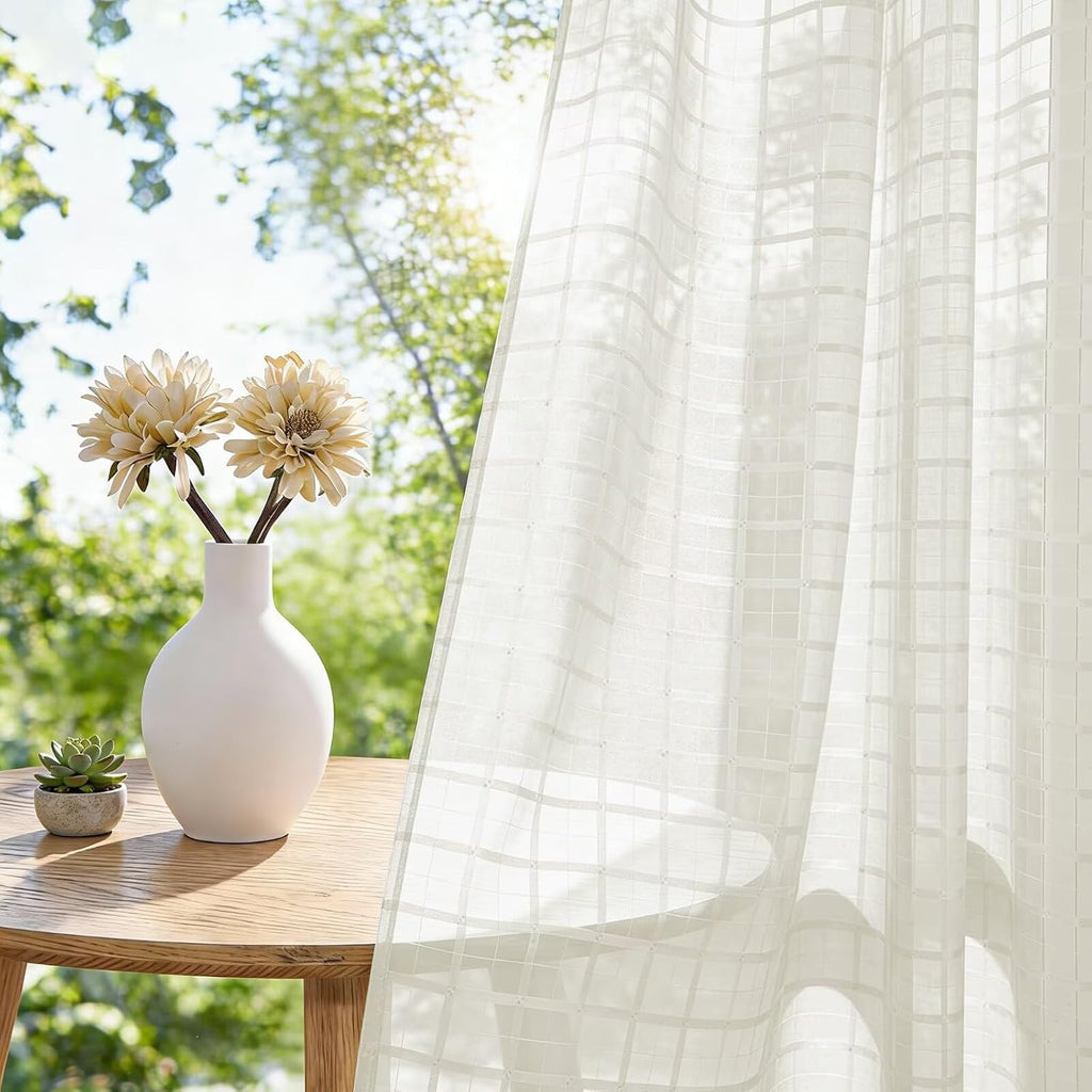 4 Panels Outdoor Sheer Curtains for Patio, Jacquard Check Curtains for Patio Waterproof, Indoor Outdoor Drapes for Gazebo Pergola Balcony Pool Spa (Ivory, 52 x 120 inch)