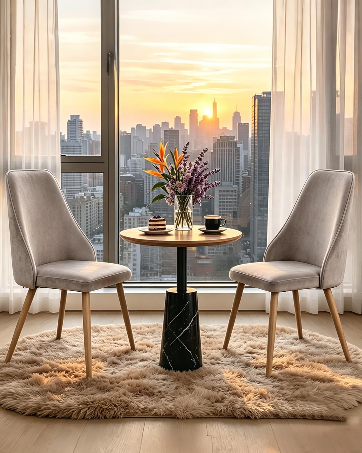 Mid-Century Modern Dining Chairs Set of 2 Grey Velvet Upholstered High Back Accent Chairs with Solid Sturdy Legs Ergonomic Curved Backrest Kitchen Chairs for Dining Room/Kitchen/Living Space