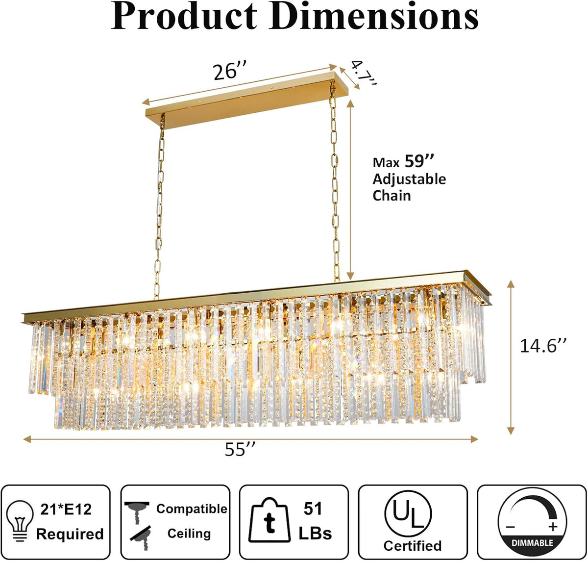 Luxury 55" Rectangule Gold Crystal Chandelier, Large Dining Room Chandelier