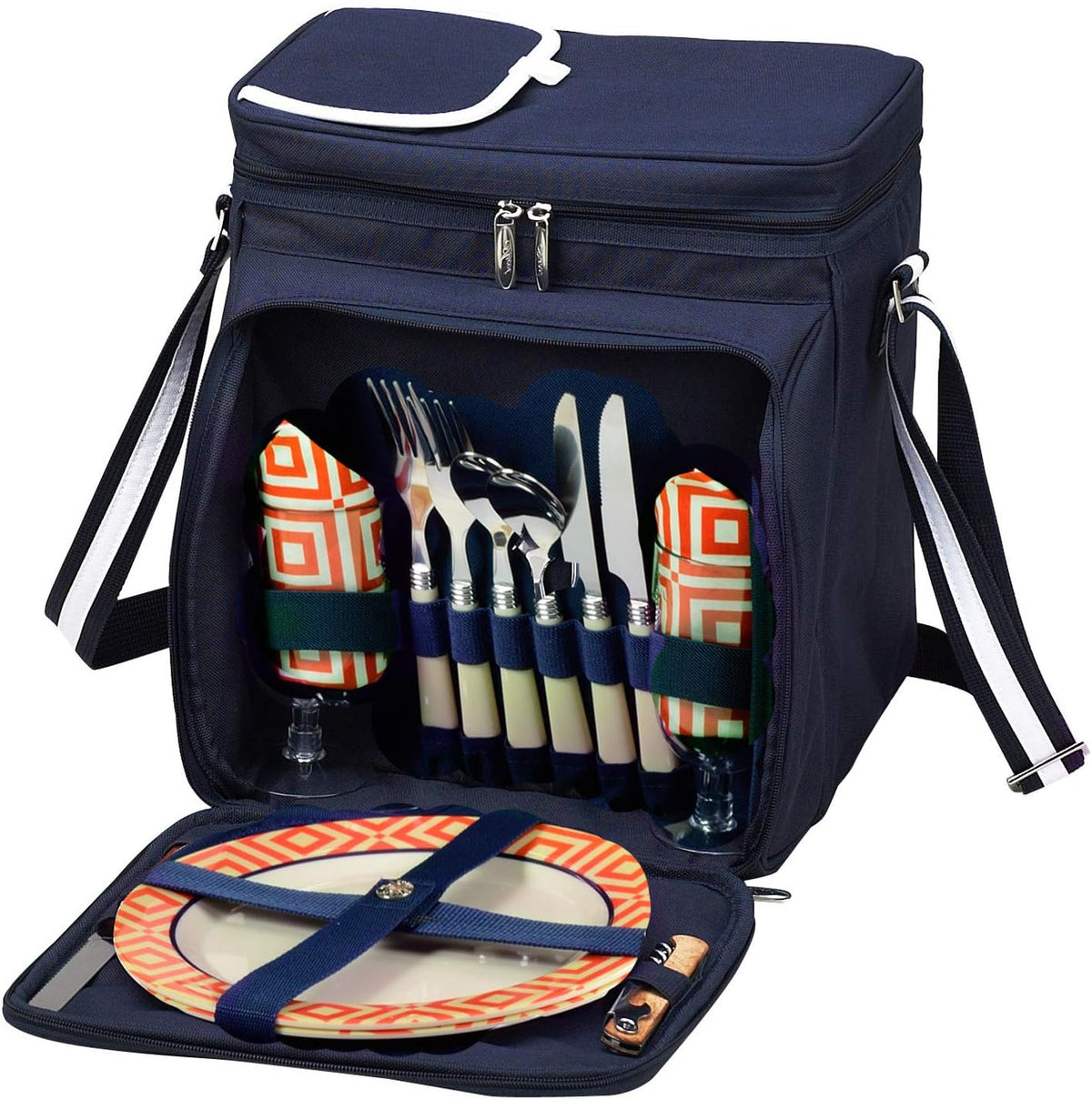 Picnic at Ascot Insulated Picnic Basket/Cooler Fully Equipped with Service for 2 - Orange/Navy