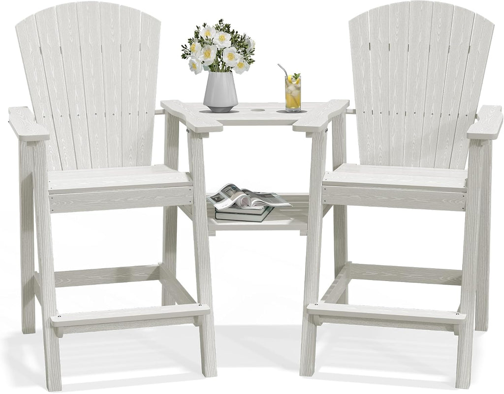 PLUUV Tall Adirondack Chairs Set of 2 with Double Connecting Trays, White