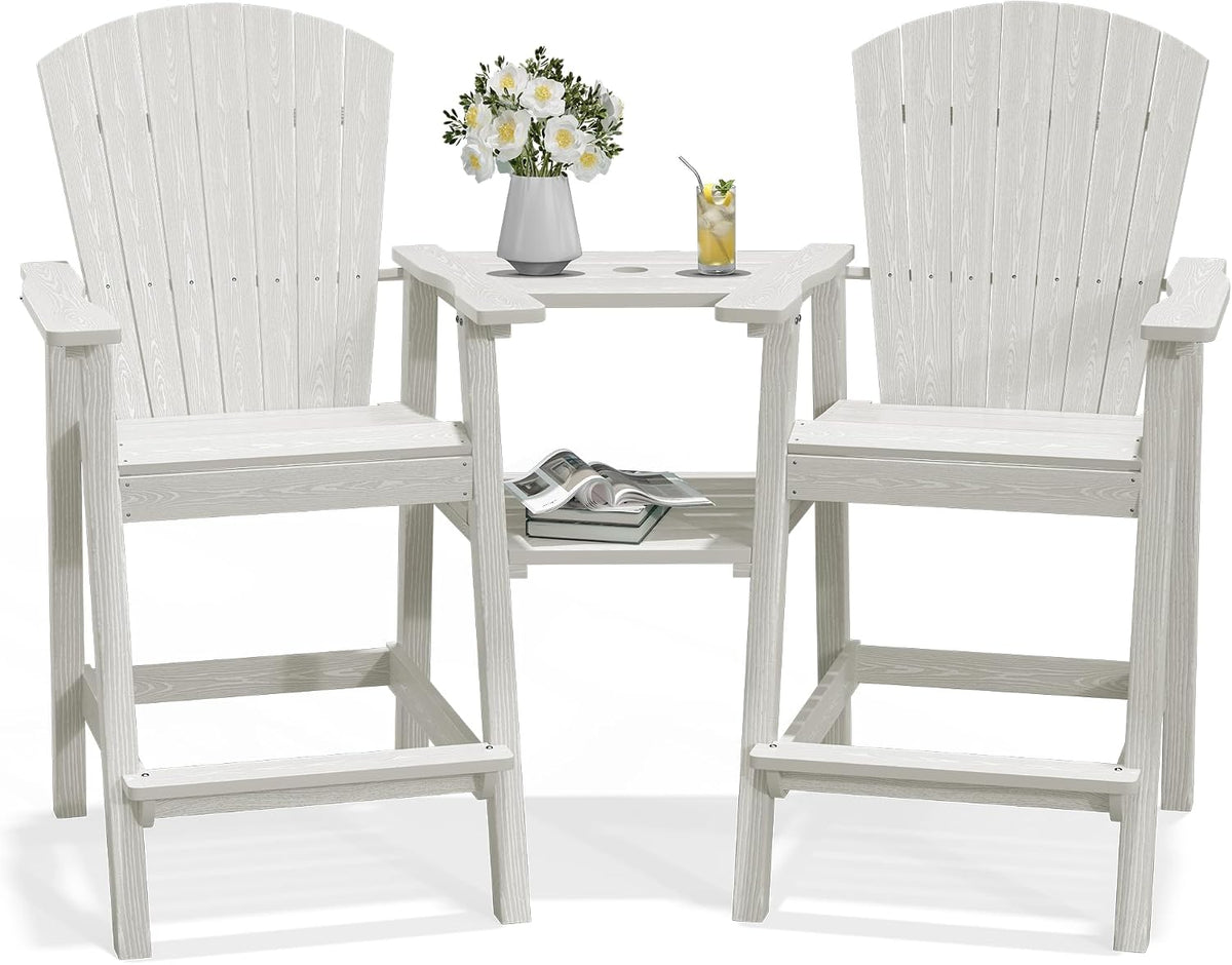 PLUUV Tall Adirondack Chairs Set of 2 with Double Connecting Trays, White